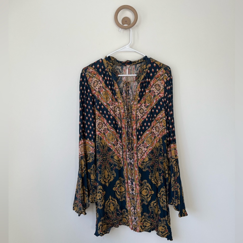 Free People Bell Sleeve Short Dress Bohemian Print